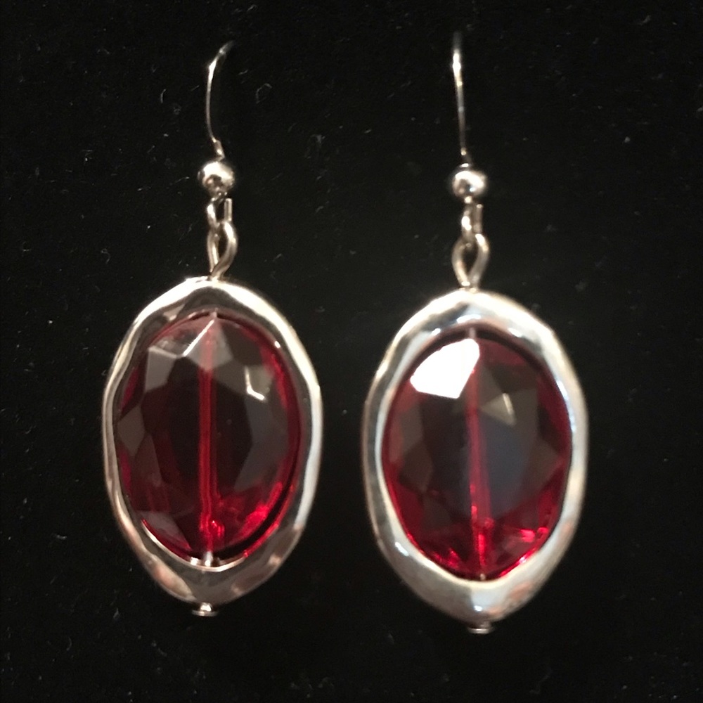 Red Colored Silver Tone Dangle Earrings NWOT